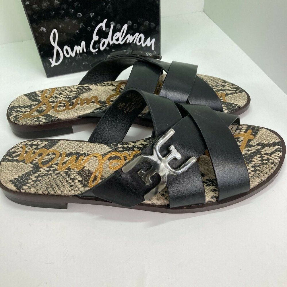 Sam Edelman Ezra Black Leather Sandals Double E Logo Slide Women's 6.5 NEW